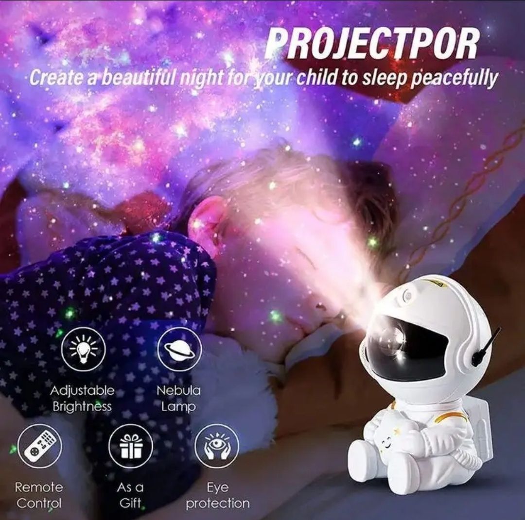 Lampka Nocna Astronauta Projektor GWIAZD 8 trybów Regulacja 360° Timer