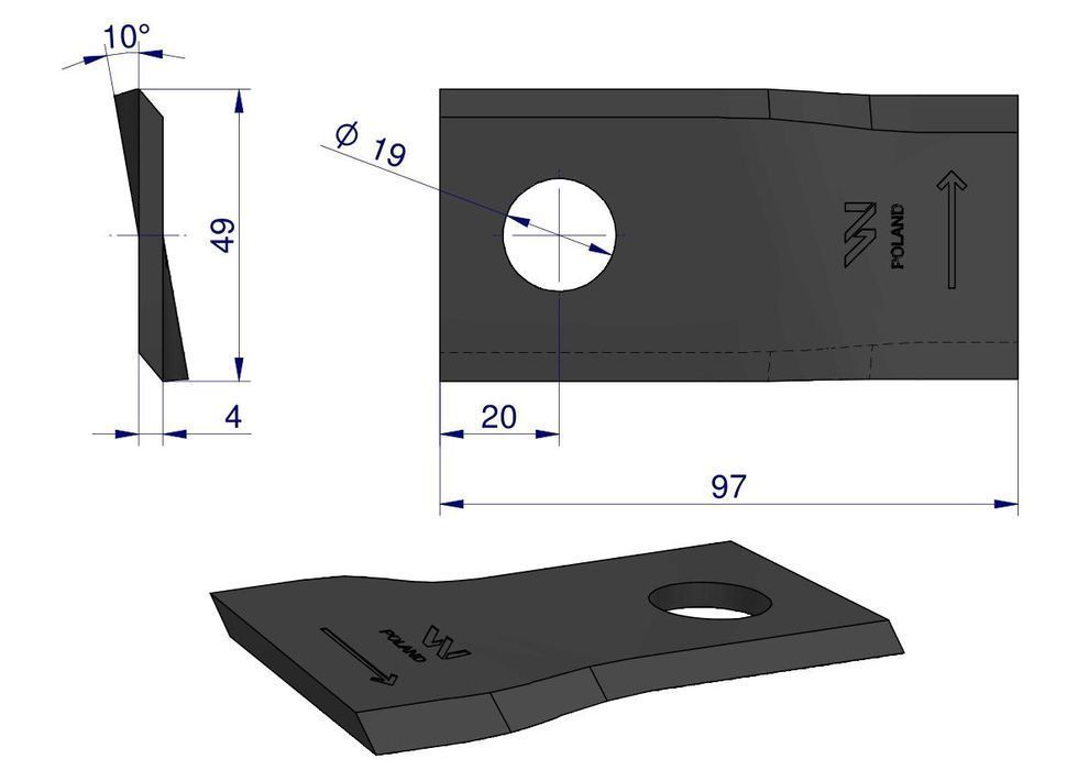 Nożyk kosiarka lewy 97x48x4mm otwór 19 JF-Stoll WARYŃSKI  25szt