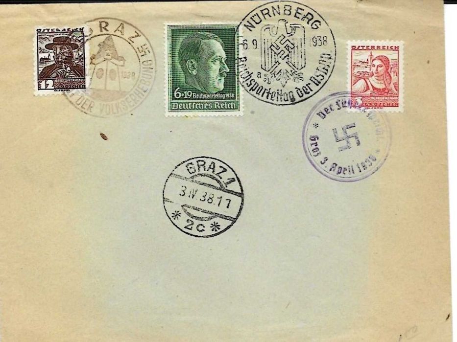 Selos Alemanha Nazi 1939/45-Envelope 1938 Hitler c/ carimbo suástica