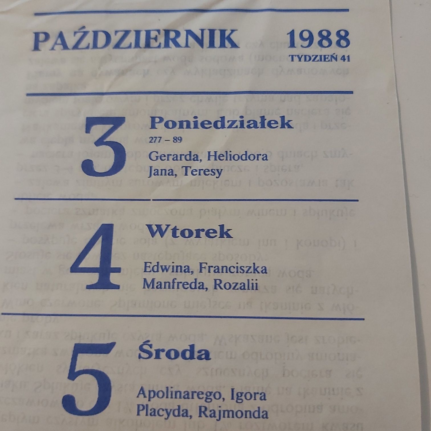 Kartka z kalendarza październik 1988r.