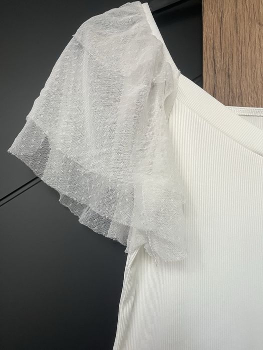 Białe body prążkowane koronka krótki rękawek Shein M/L