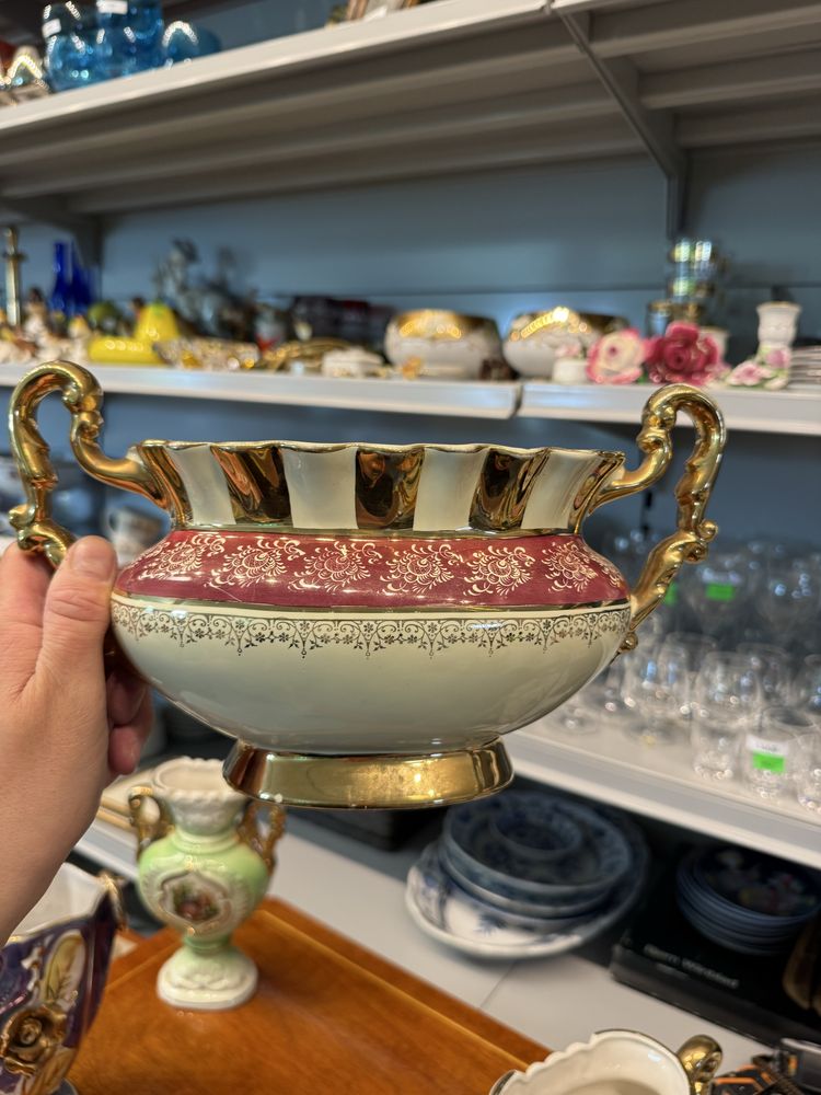 Stara Włoska waza doniczka ceramiczna dekoracja złota bordo 1502