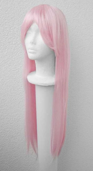Długa prosta jasna różowa peruka z grzywką pastelowa cosplay wig 002