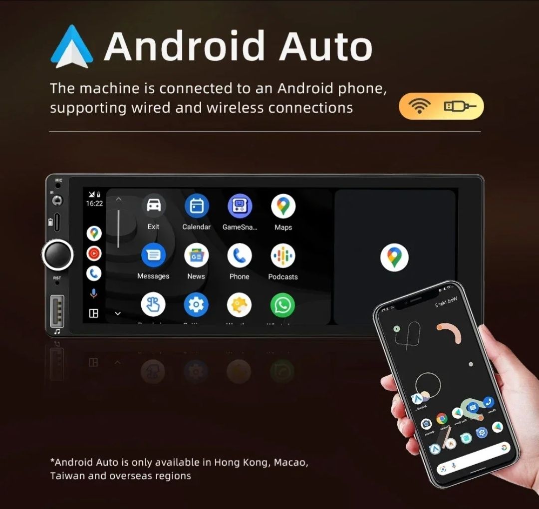Radio 1 DIN Android ecrã 6.8" + Carplay e Android auto sem fios+ GPS