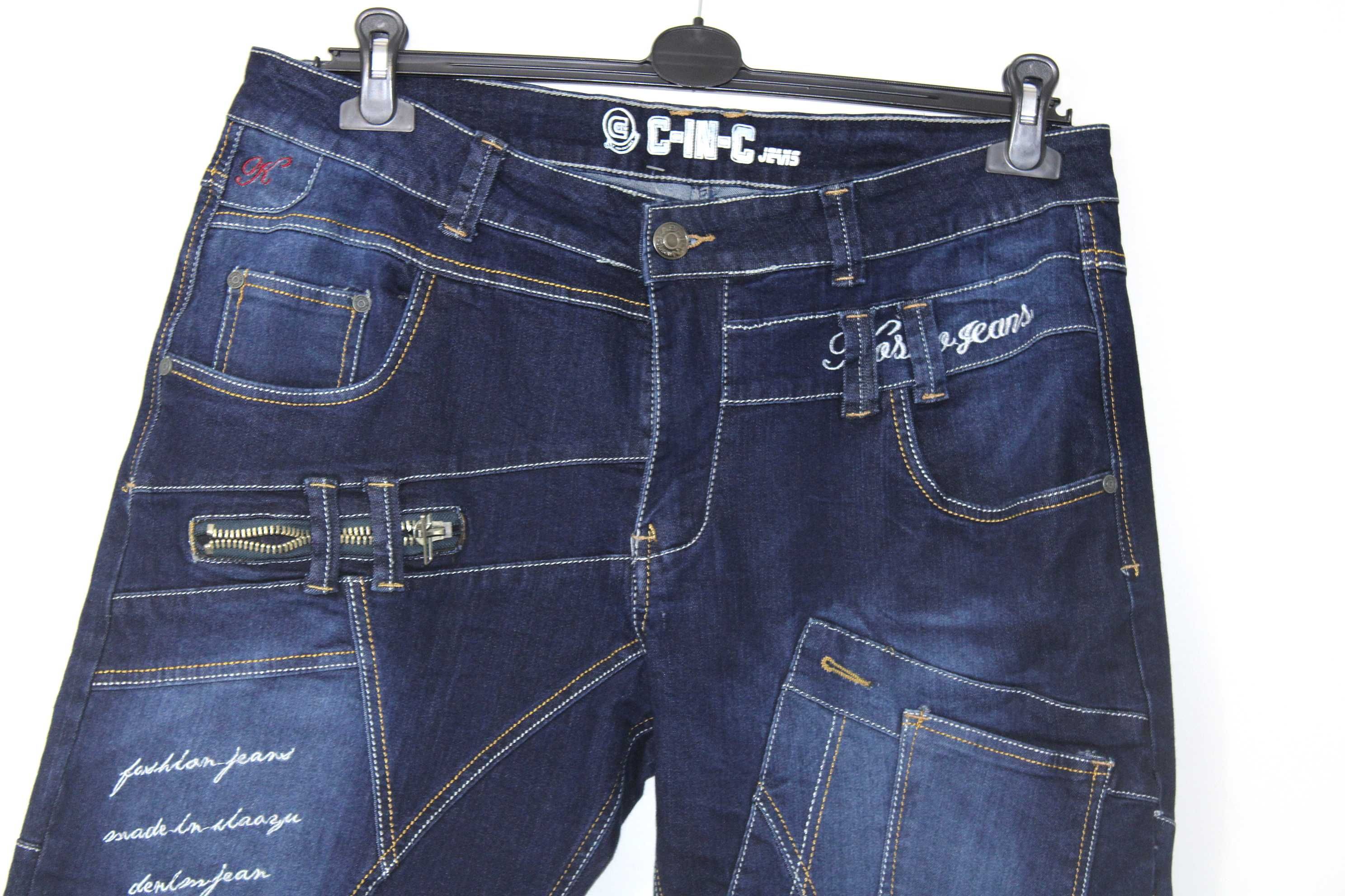 w7 C-IN-C Męskie Granatowe Proste Spodnie Jeans Naszywki XL