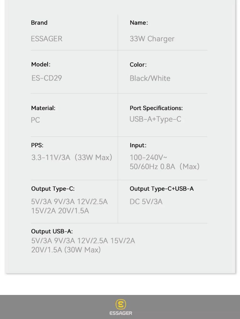 Блок живлення (зарядка) USB C/USB A Essager Charger 33W GaN  PD