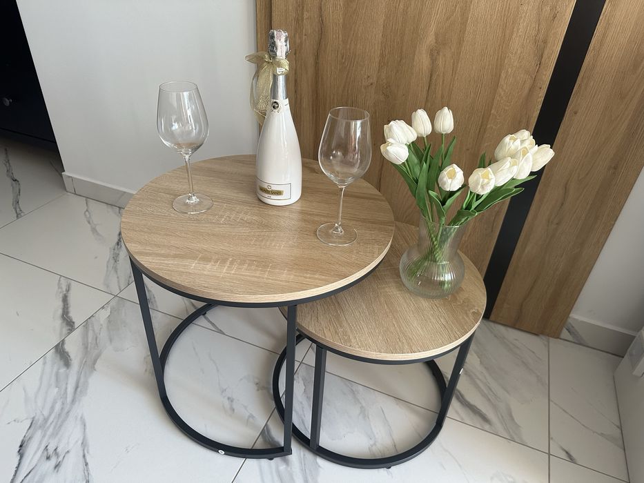 Nowy Stolik Kawowy Okrągły Podwójny Loft 2 Sztuki Industrialny Salonu