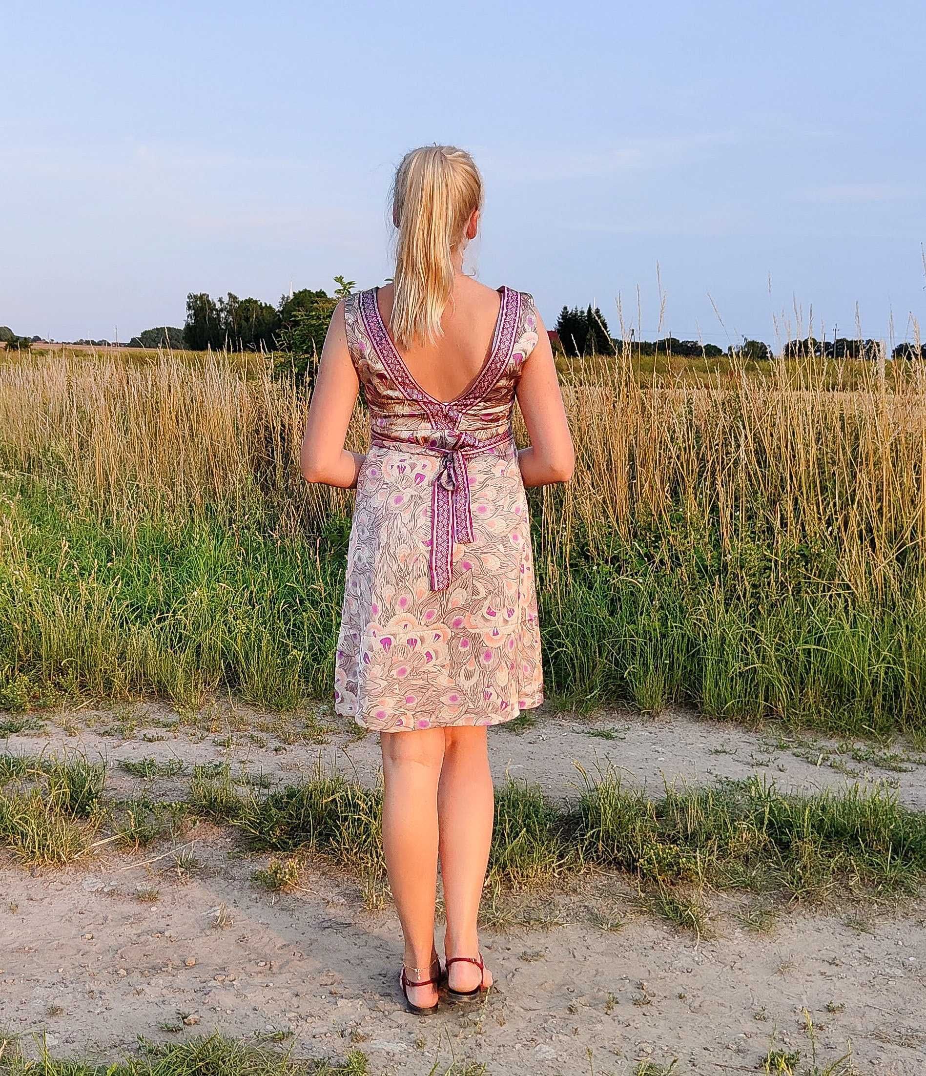 Nowa sukienka H&M 36 S w pawie pióra fiolet dekolt midi
