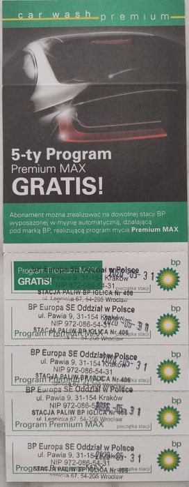 Karnet na myjnię automatyczną BP 5x Premium Max