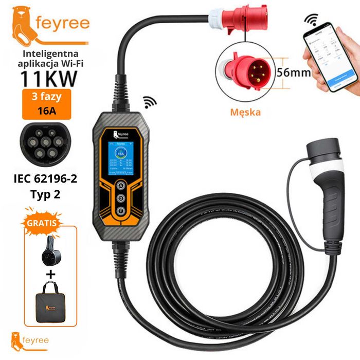 Feyree typ 2 mobilna ładowarka EV 11KW 16A 3 fazy z Wi-Fi