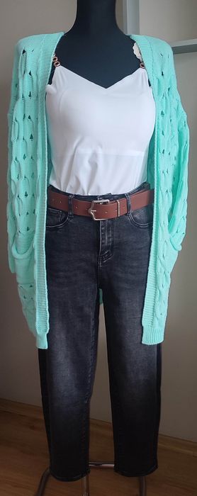 Swetr damski ażurowy mięta z kieszonkami