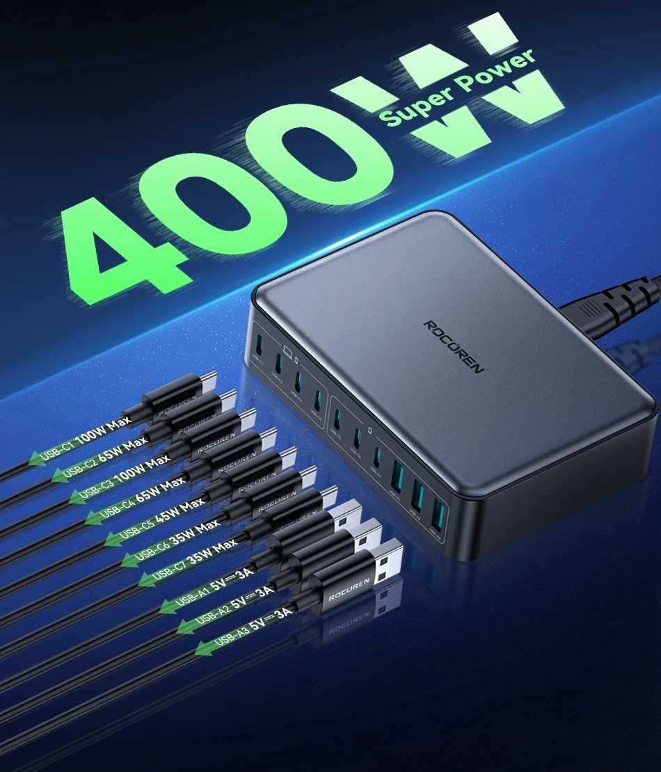 Зарядний пристрій Rocoren 400W Gan3 10 портів