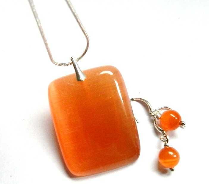 Pomarańczowy kwarc kocie oko, wisior i kolczyki, srebro