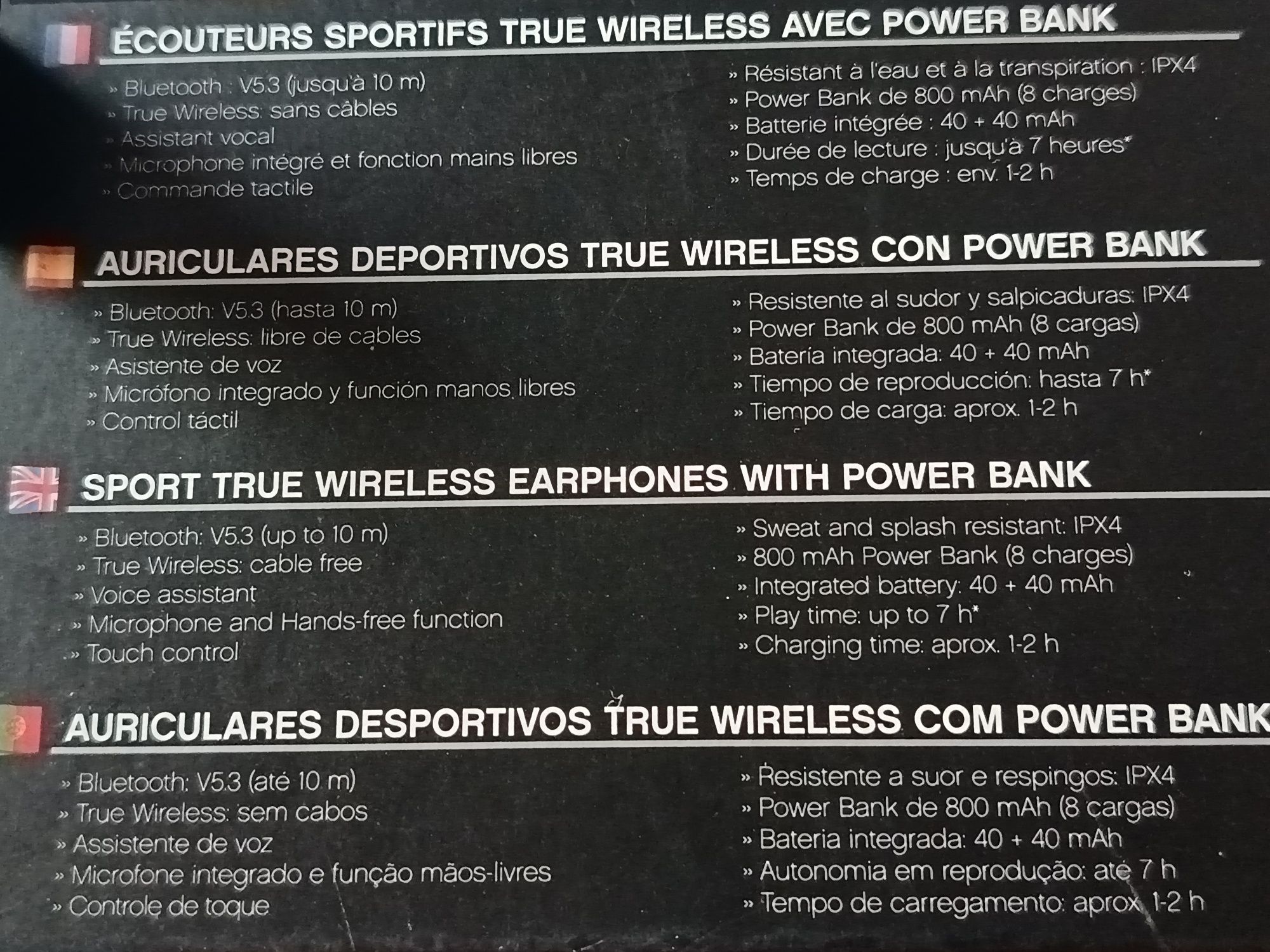 Auriculares Desportivos true Wireless com Power Bank