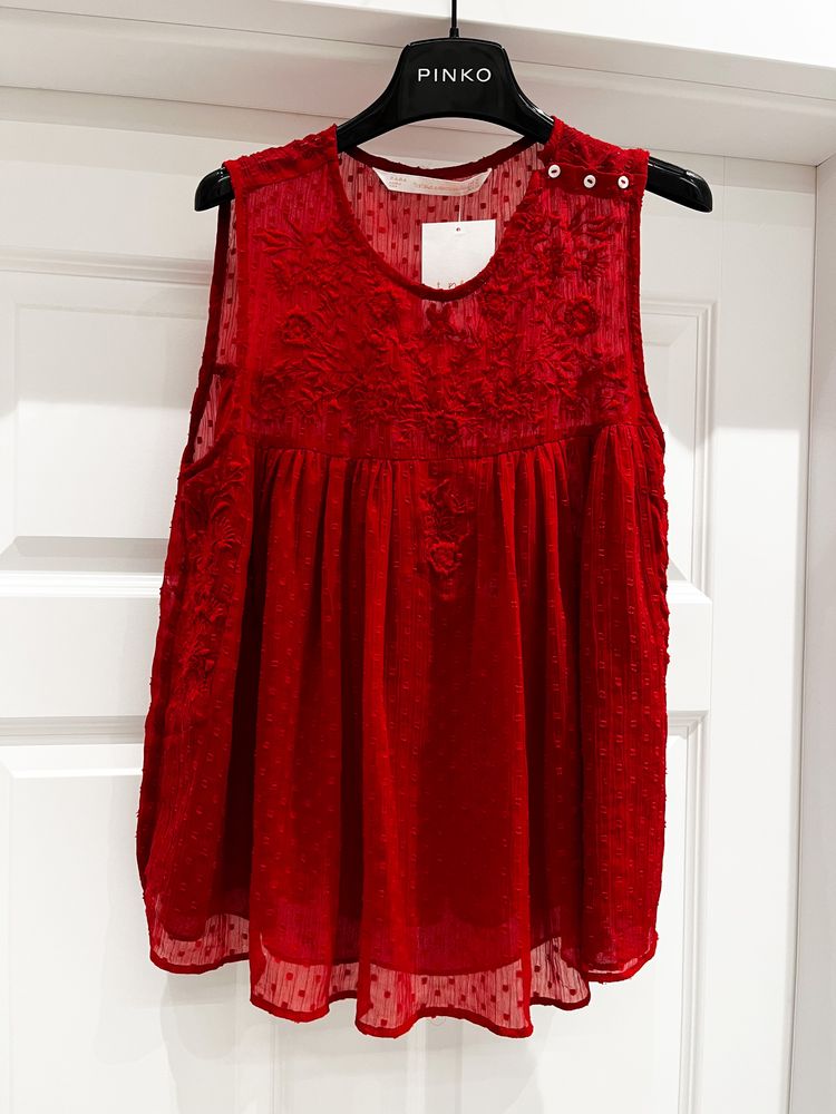 ZARA nowa bluzka koszula mgiełka czerwona kwiaty haft kobieca M