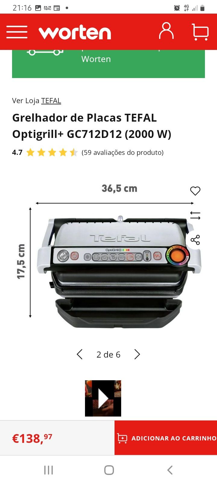 Grelhador tefal optigrill +