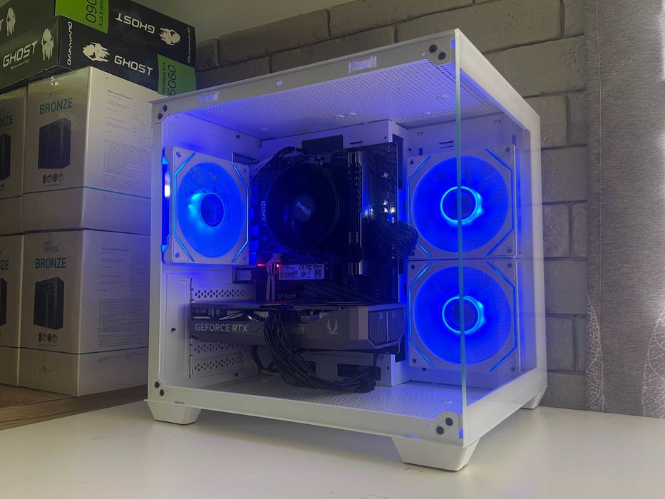 Nowy Komputer Gamingowy RTX 5060 Ryzen 5 16GB RAM Biały Akwarium FV23%