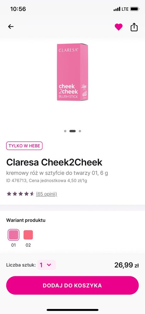 Claresa Cheek2Cheek kolor 01 Candy Pink
