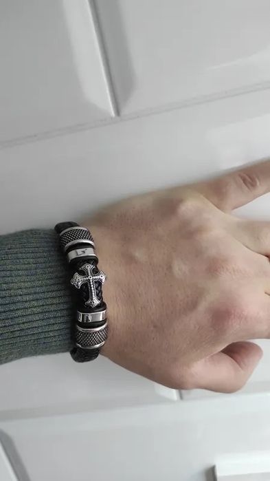 Мужской браслет сталь+плетённая кожа