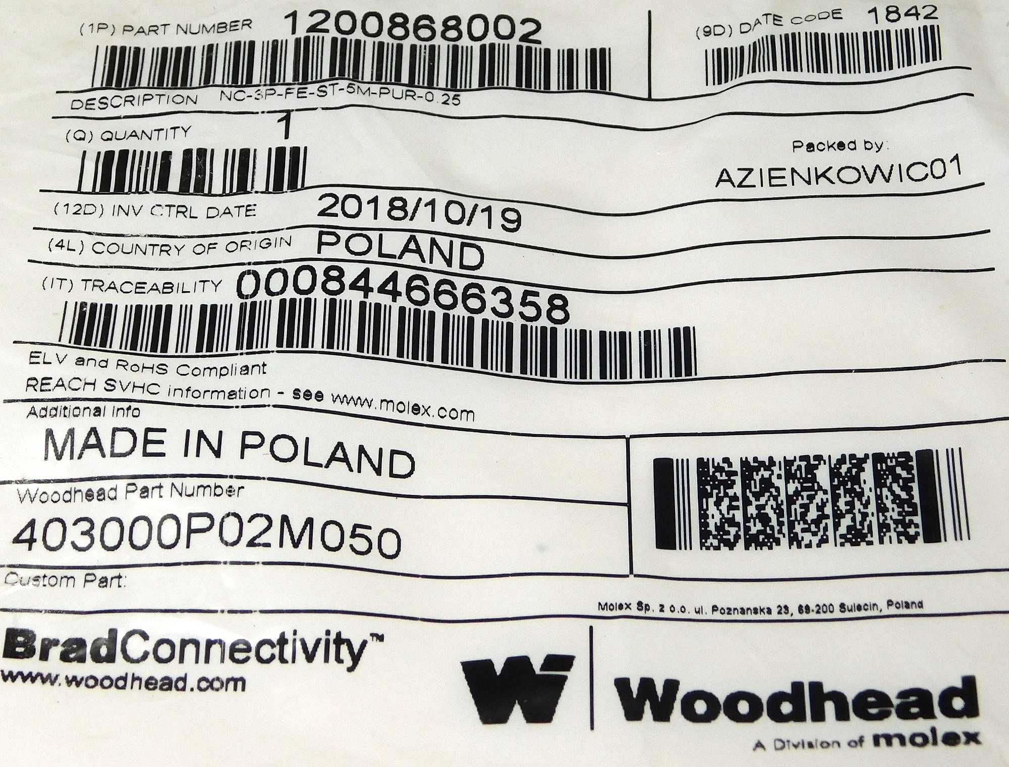 Kabel z wtyczką czujnika woodhead part number MOLEX [kD]