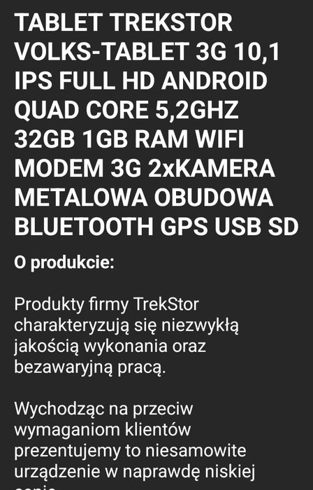 Tablet Trekstor Volks 10. 1 IPS ful HD powystawowy
