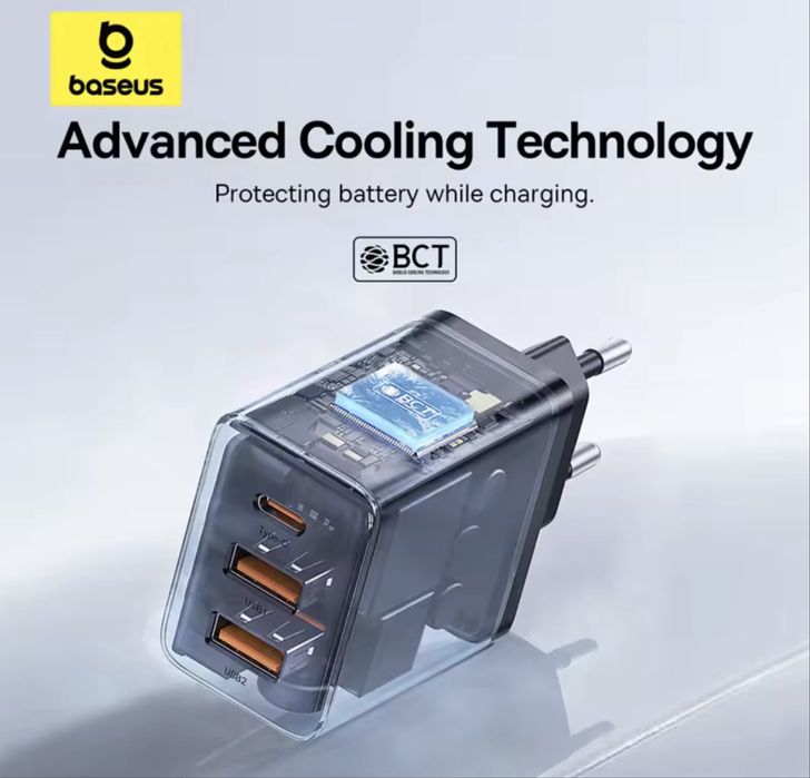 Baseus ładowarka 30W szybkie ładowanie 3 porty UsbA UsbC czarna+ kabel