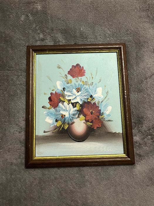 Obraz na płótnie, farby olejne drewniana rama motyw kwiatów w wazonie