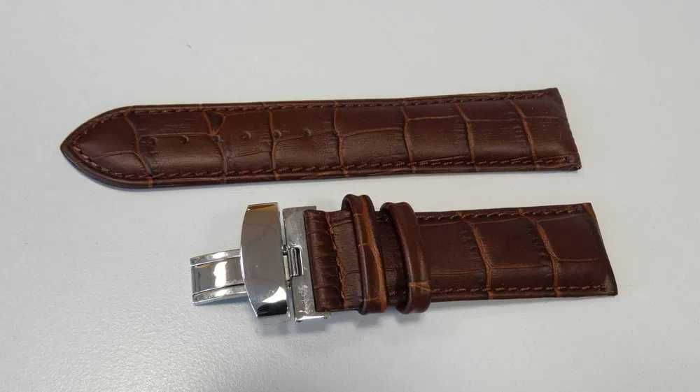 Brązowy pasek skórzany 24mm do zegarka z klamrą zapięcie motylkowe