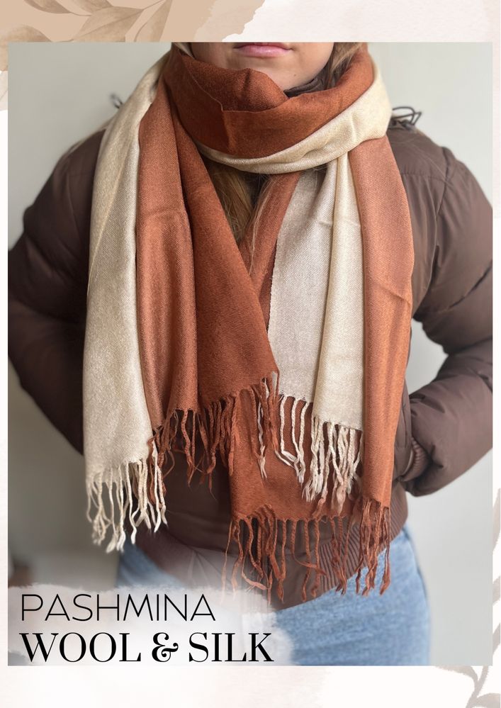 Rudo kremowy szalik wełniany jedwabny pashmina paszmina