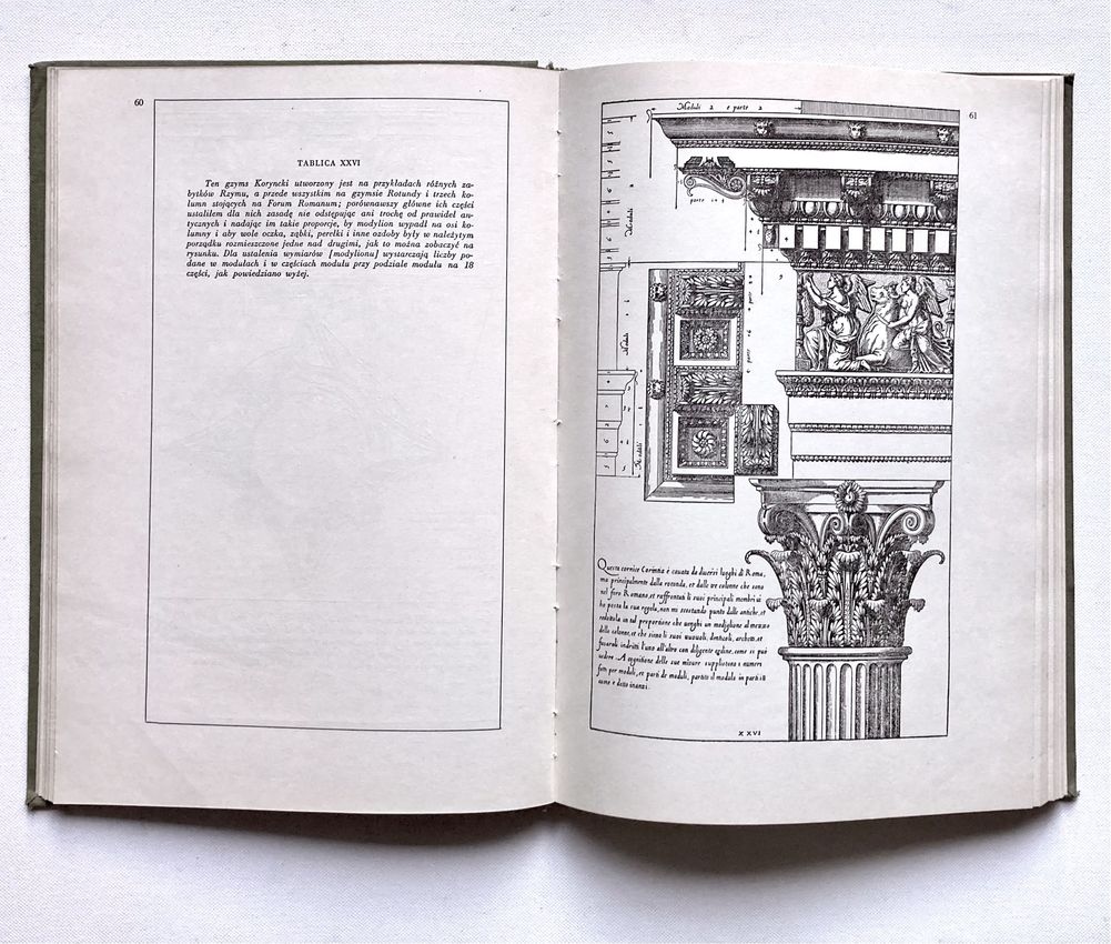 Stara książka Tablice Vignola O pięciu porządkach w architekturze 1955