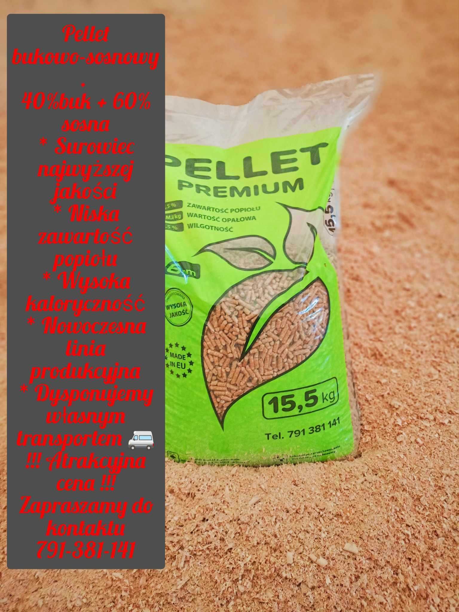 Pellet PREMIUM buk-sosna 6mm. cena z transportem 5 ton wolne