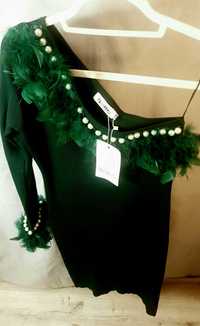 Sukienka uni butelkowa zieleń prążek pióra perły