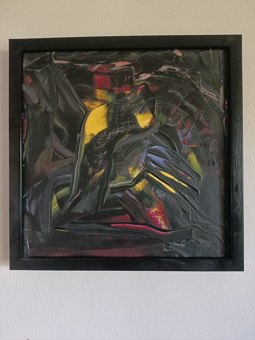 Akrylowa abstrakcja w kolorach czerni żółtego i różu 30x30 z ramką