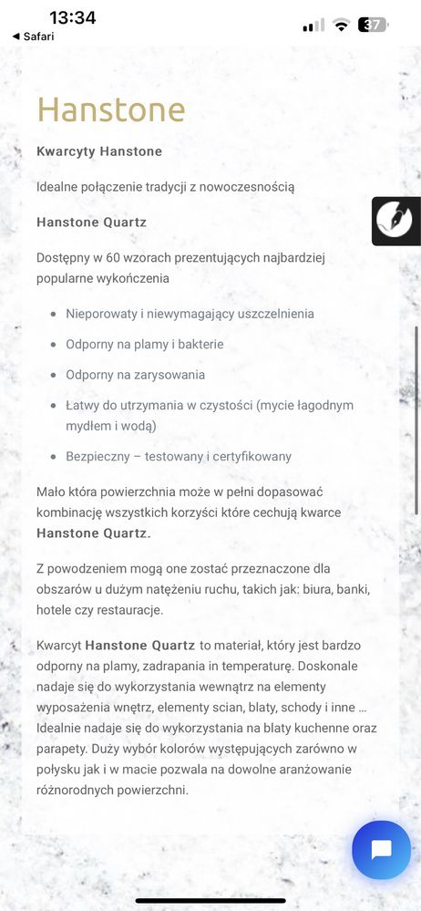Hanstone tranquility kwarcyt gotowy blat kuchenny kamień