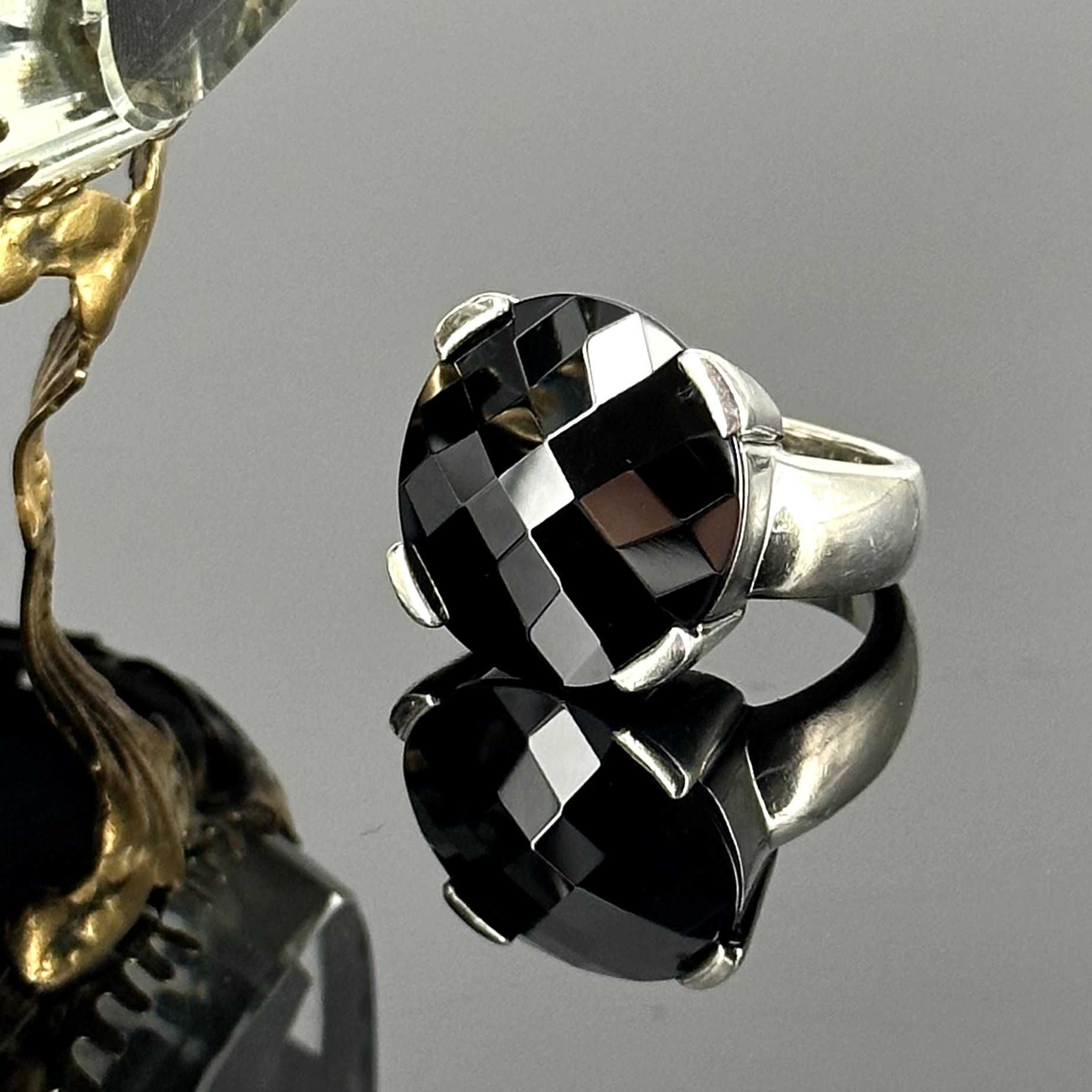 Srebro - Wielki srebrny duży pierścionek z szlifowanym Onyksem