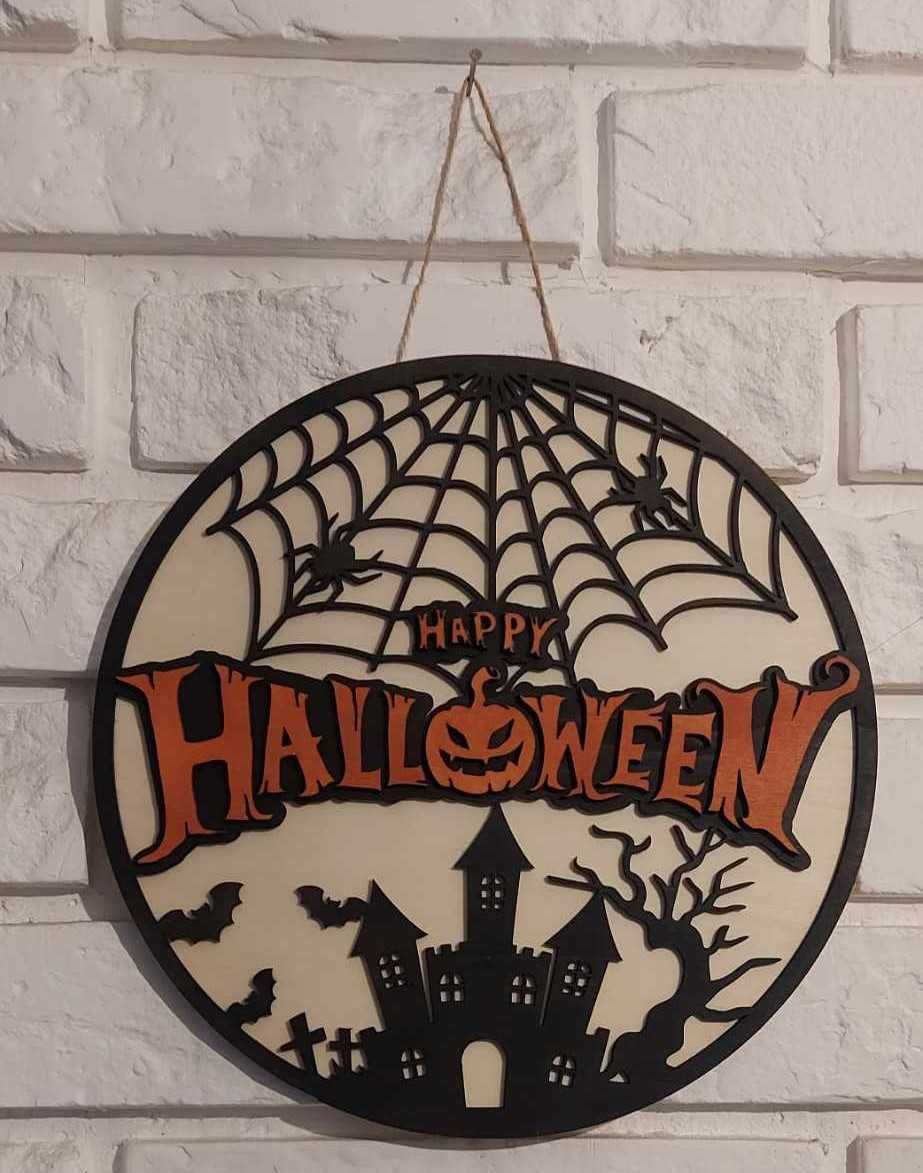 Ozdoba ścienna na Halloween Drewniana tablica z pajęczyną i zamkiem
