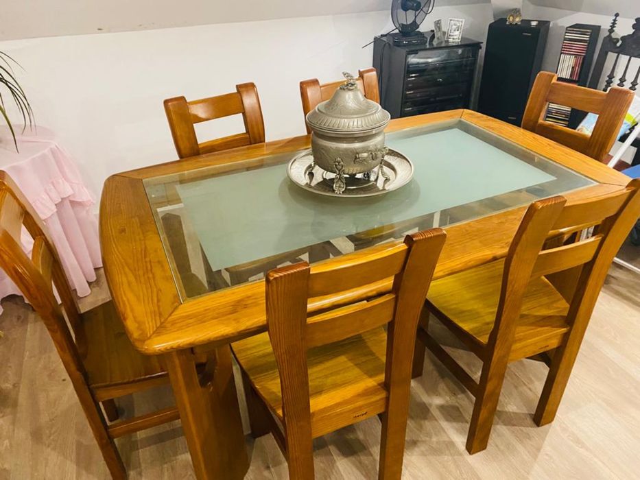 Mesa madeira Cerne Harpa+6 cadeiras