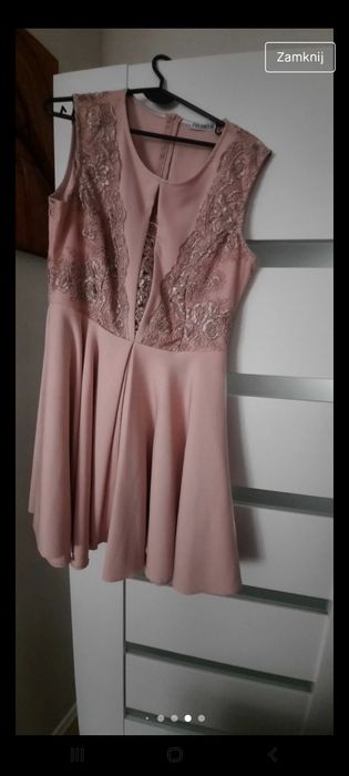 Piękna sukienka na chrzest, komunie, wesele pudrowy róż koronka roz.46