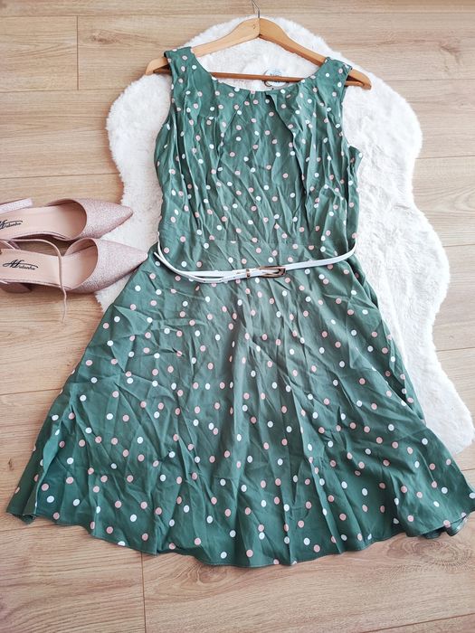 Nowa z metką rozkloszowana sukienka L z paskiem w grochy retro wesele