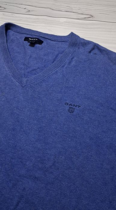 Sweterek męski Gant, v-neck, w serek, 100% bawełna, logo, premium