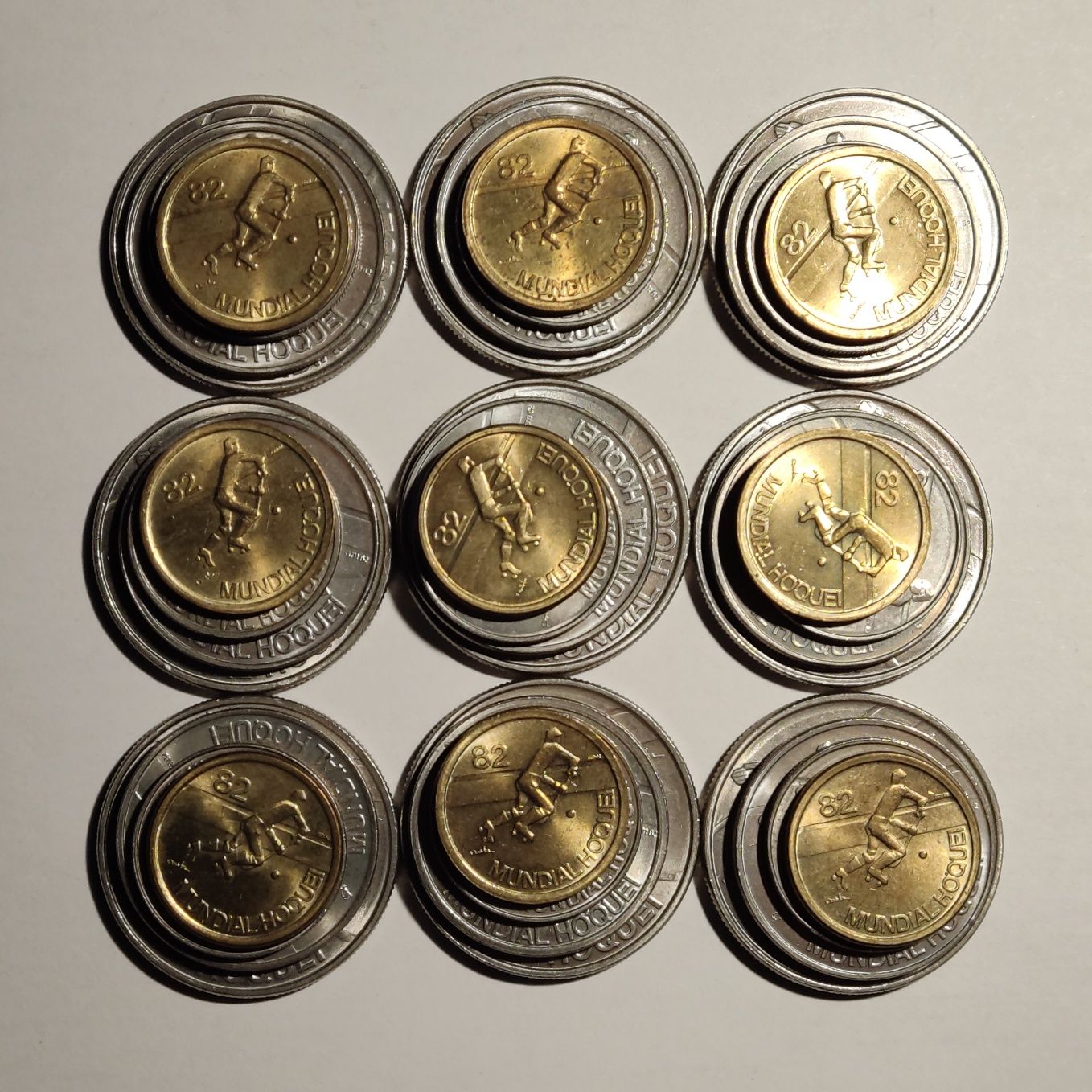 Conjunto de moedas do Mundial de Hóquei '82 (1, 2$50, 5 e 25 Escudos)