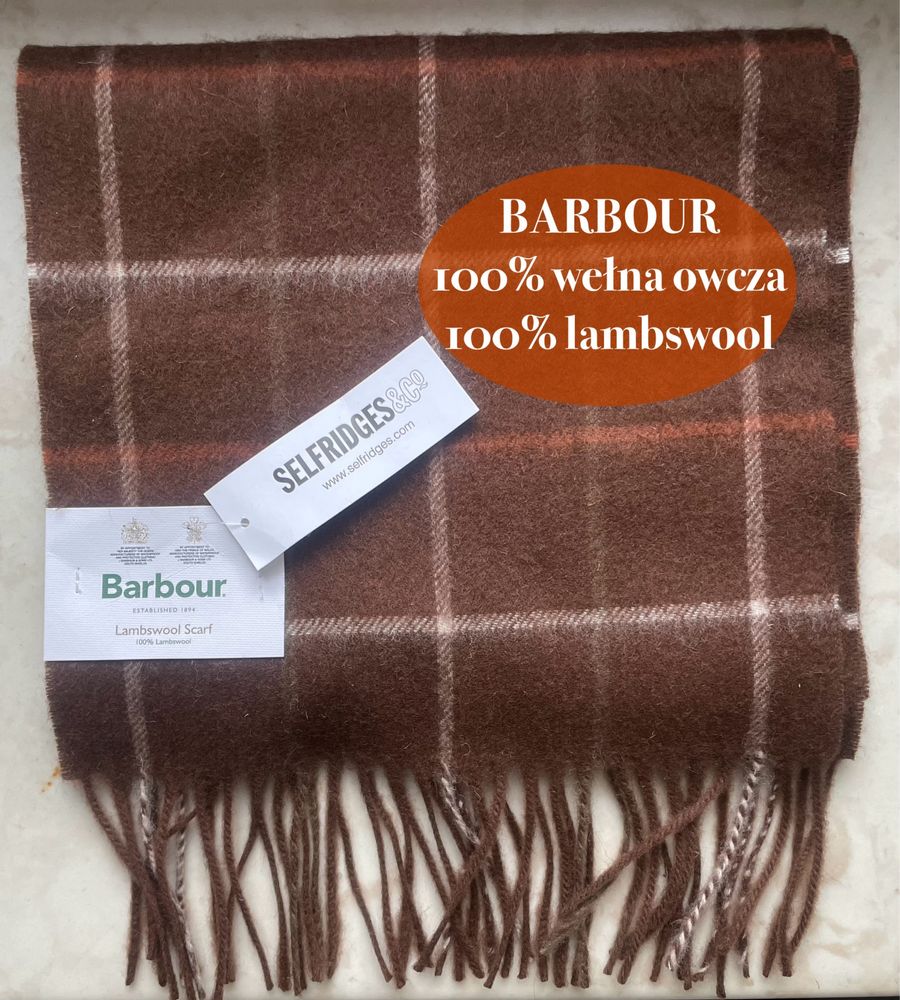 Nowy szalik Barbour warm ginger tartan 100% wełna owcza