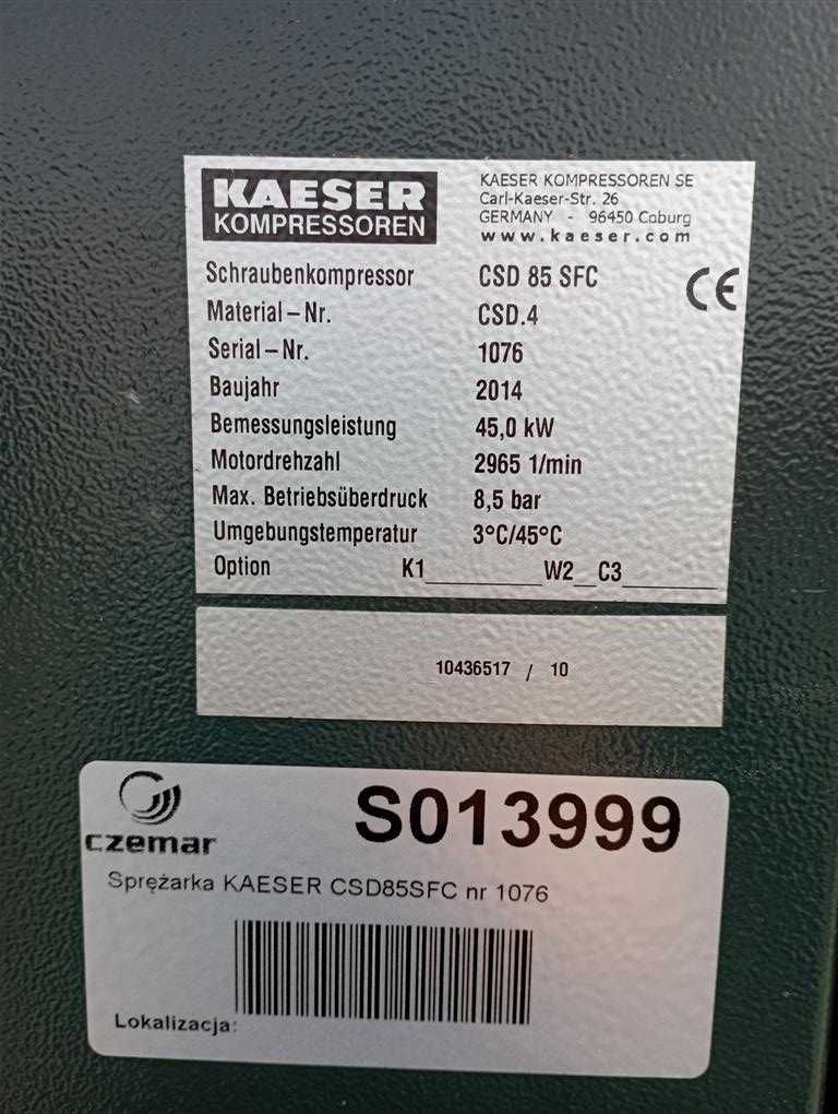 Sprężarka śrubowa,kompresor Kaeser CSD85SFC,45KW,S013999