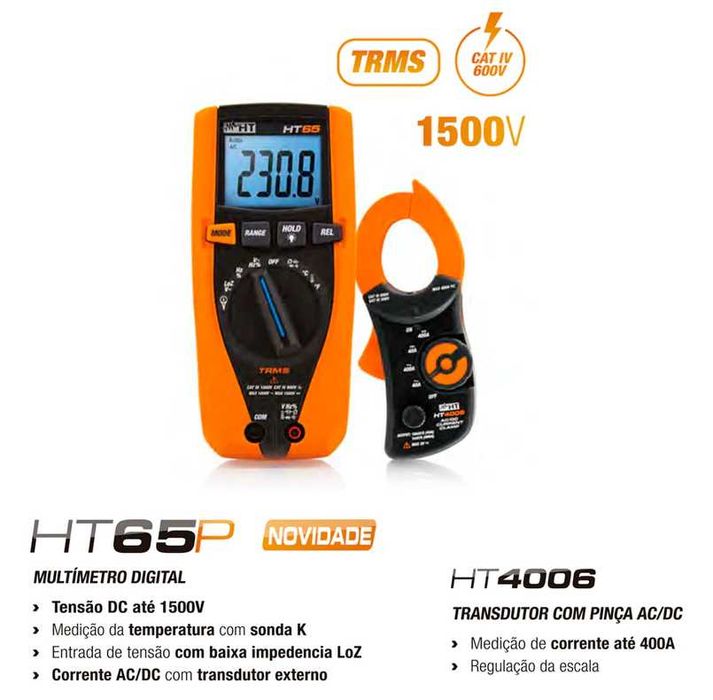 Multímetro Digital HT65 TRMS (Tensão CC até 1500V) + Transd. com Pinça