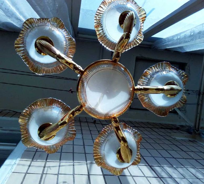 Люстра, цветное стекло, 6-ти ламповая, с подвесками