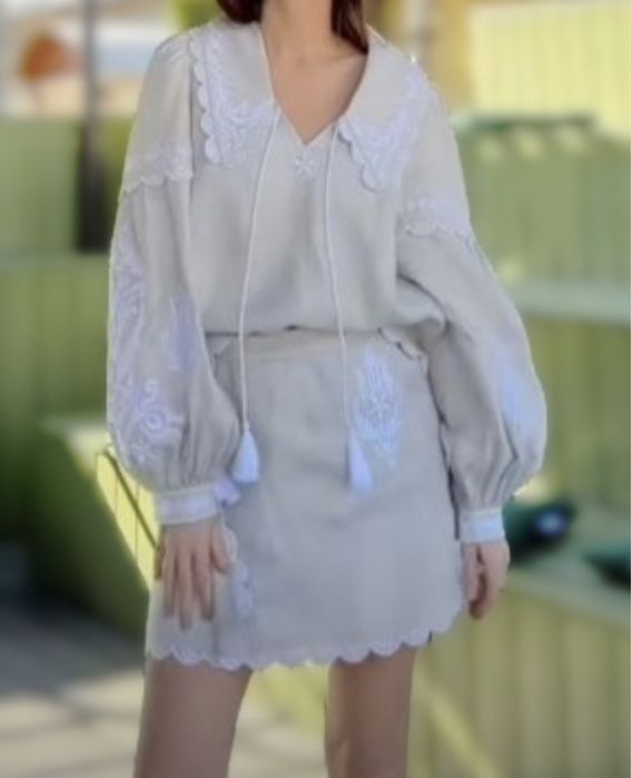 Вышиванка костюм льняной бежевый белый молочный вышитый вышивка юбка