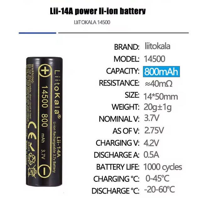 Акумулятор LiitoKala 14500, 800mAh, оригінал