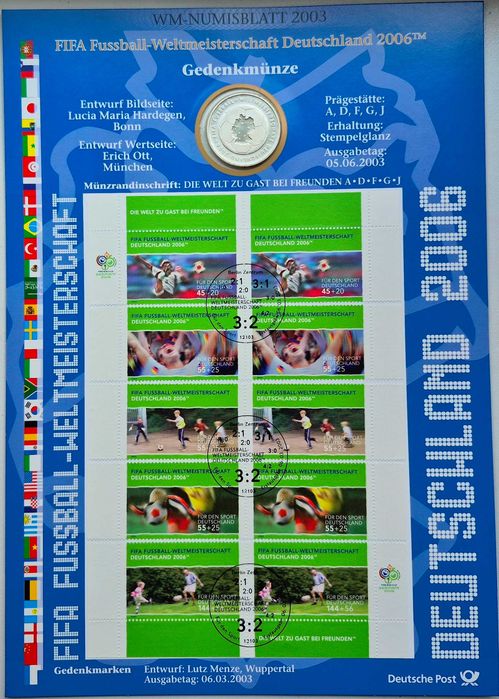 Німеччина 10 євро 2003 р. ФІФА футбол 2006 срібло блістер + блок марок