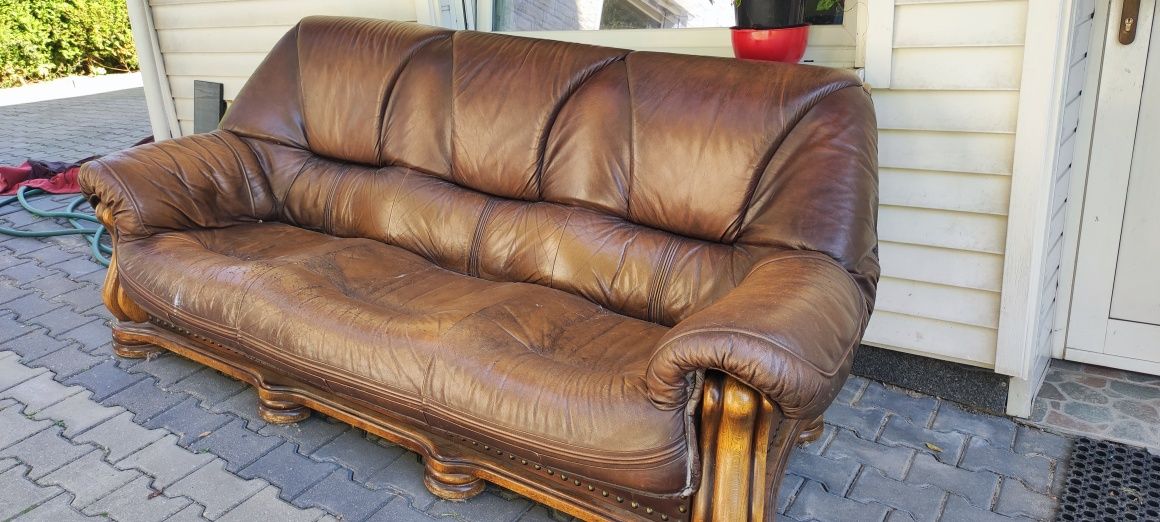 Sofa -Prawdziwa skóra i lite drewno