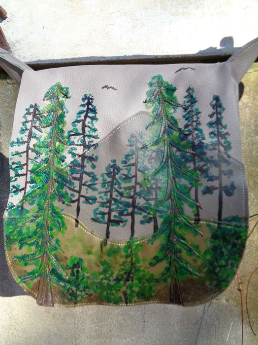 Artystyczna torebka skórzana z drzewami. Handmade